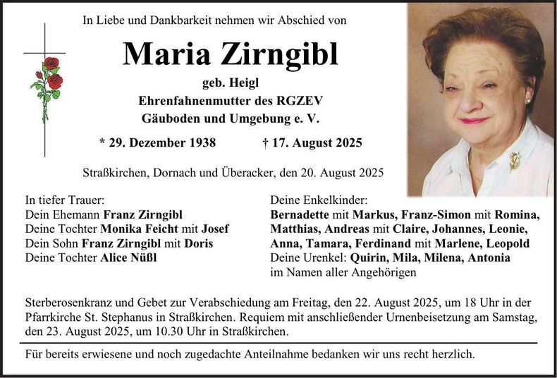 Traueranzeige Maria Zirngibl