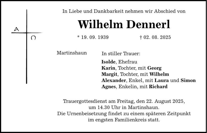 Traueranzeige Wilhelm Dennerl