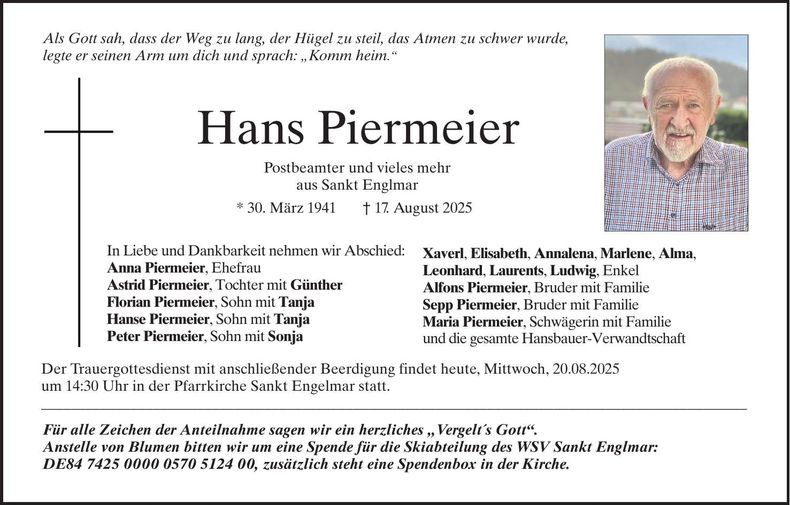 Traueranzeige Hans Piermeier