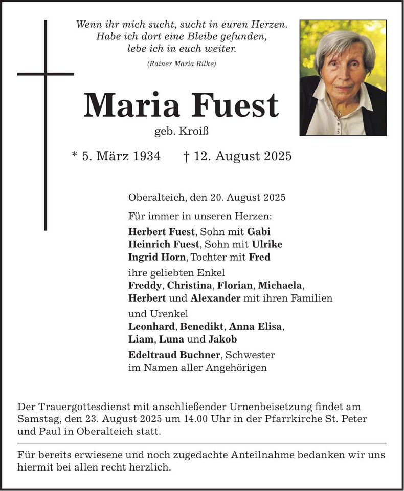 Traueranzeige Maria Fuest