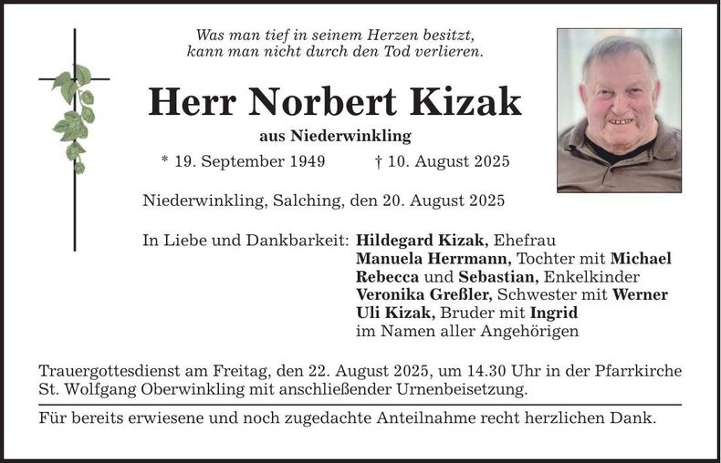 Traueranzeige Norbert Kizak