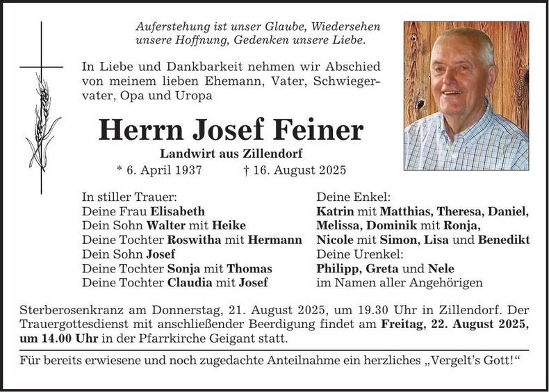 Traueranzeige Josef Feiner