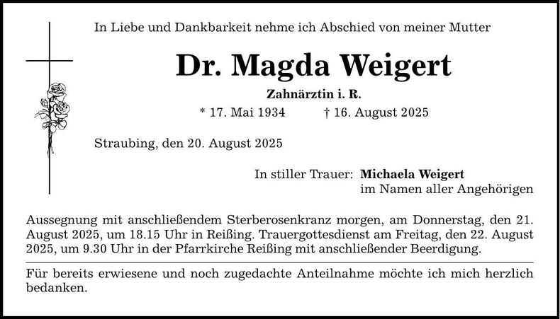 Traueranzeige Magda Dr. Weigert
