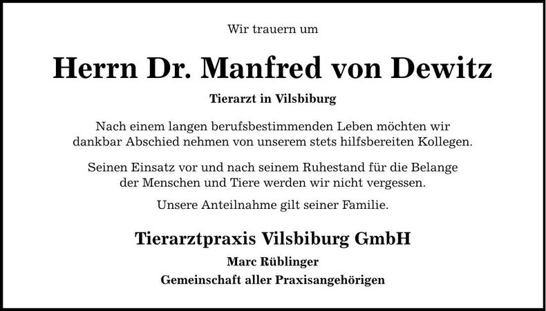 Traueranzeige Manfred von Dewitz