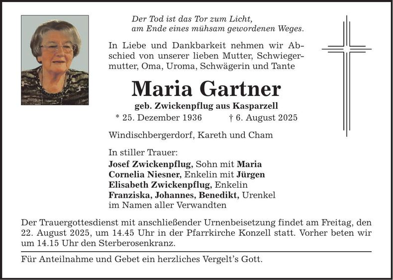 Traueranzeige Maria Gartner