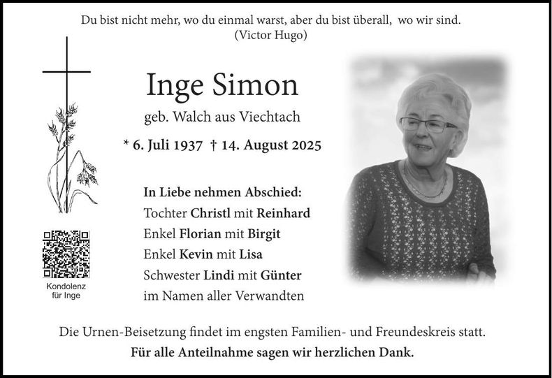 Traueranzeige Inge Simon