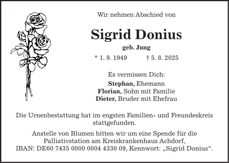 Traueranzeige Sigris Donius