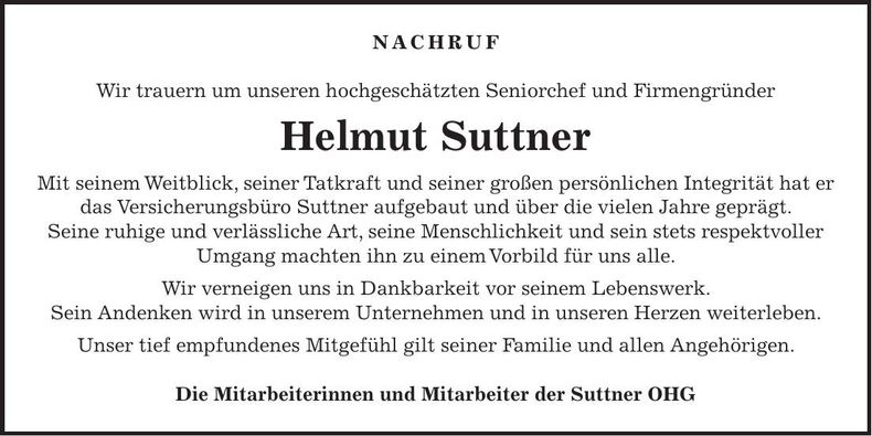 Traueranzeige Helmut Suttner