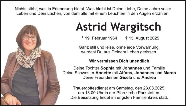 Traueranzeige Astrid Wargitsch
