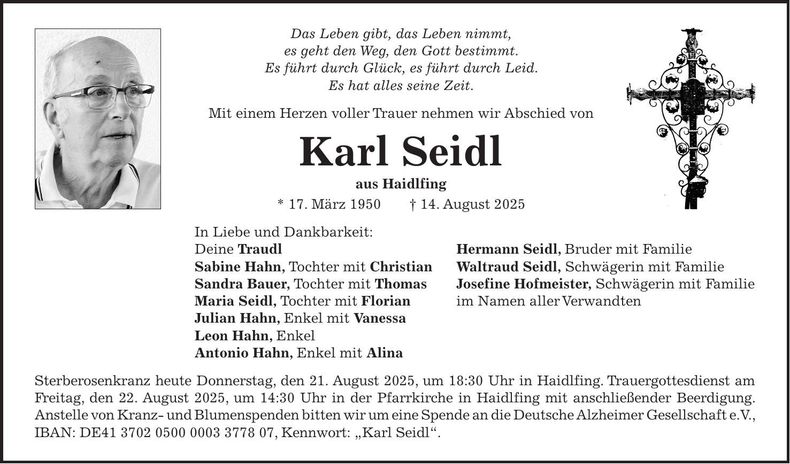 Traueranzeige Karl Seidl