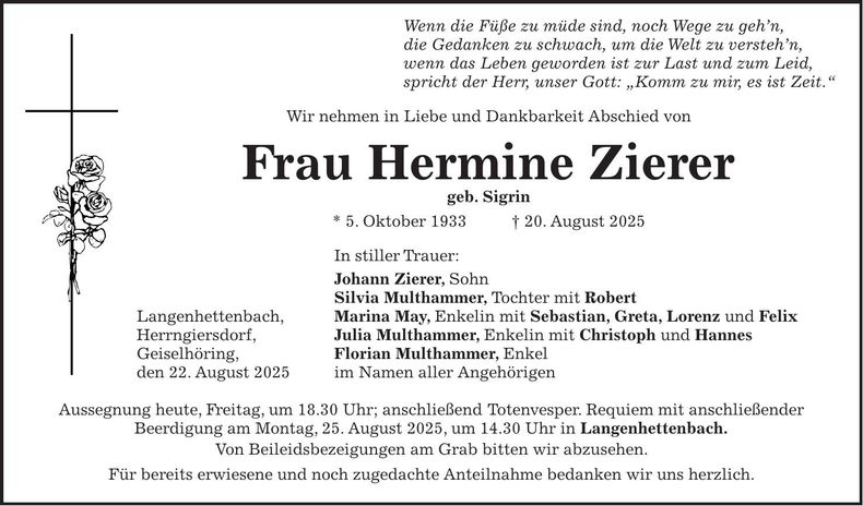 Traueranzeige Hermine Zierer
