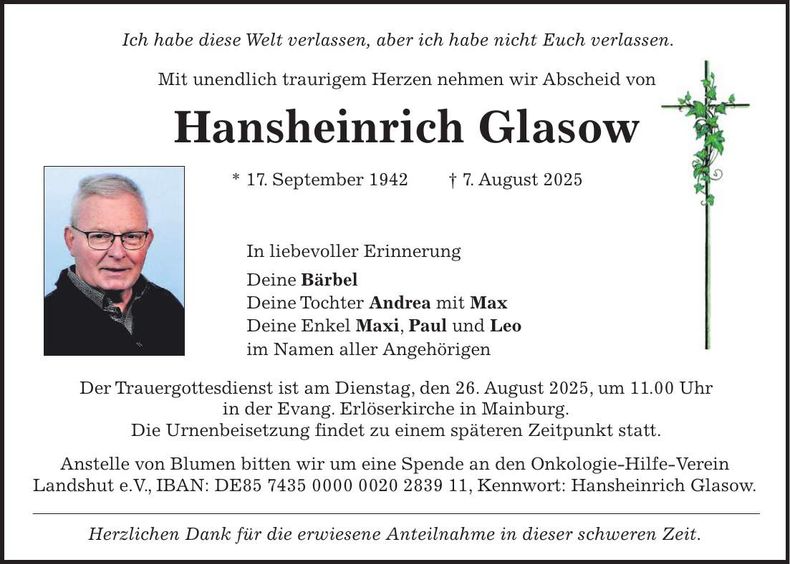 Traueranzeige Hansheinrich Glasow