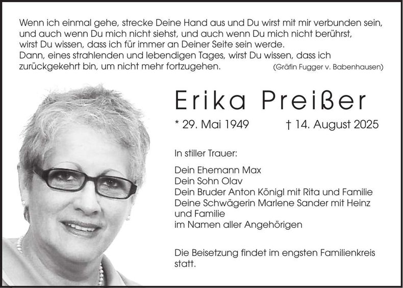 Traueranzeige Erika Preißer