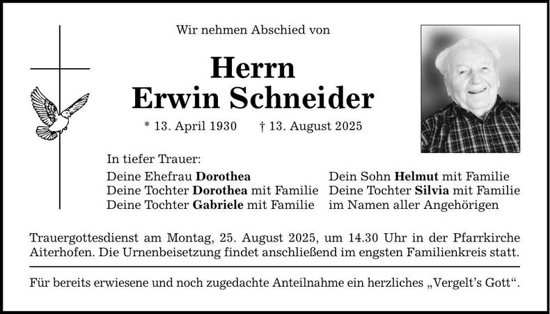 Traueranzeige Erwin Schneider