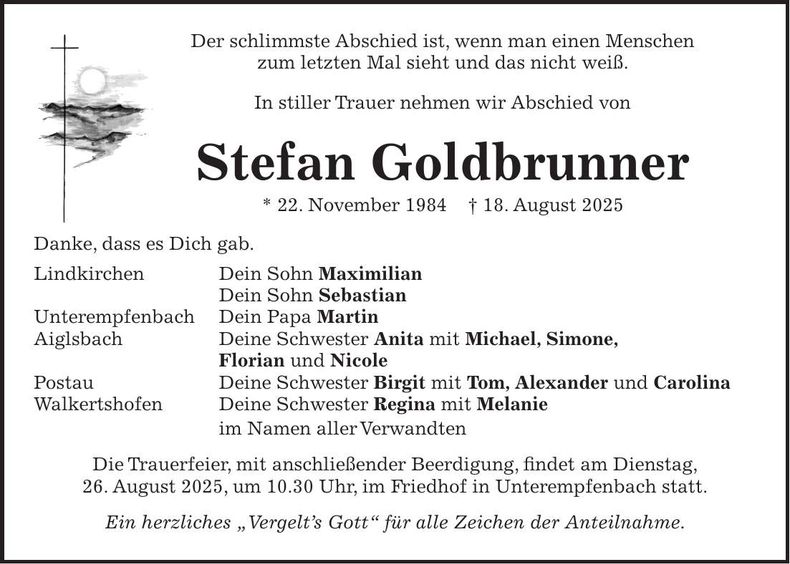 Traueranzeige Stefan Goldbrunner