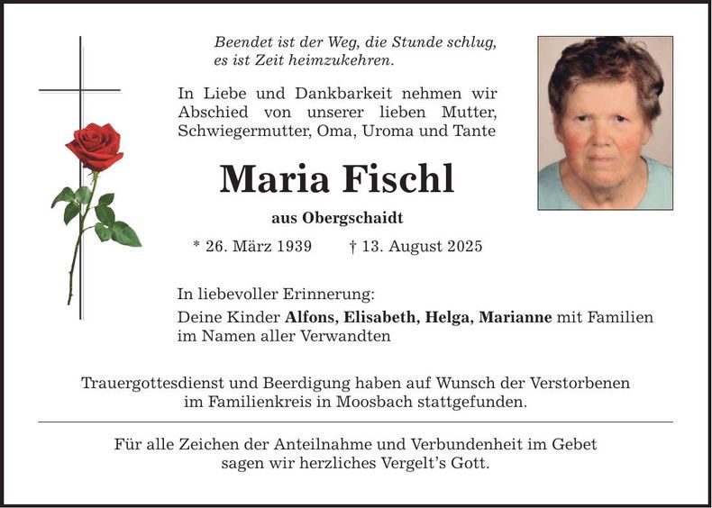 Traueranzeige Maria Fischl