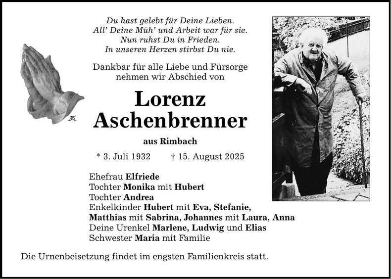 Traueranzeige Lorenz Aschenbrenner