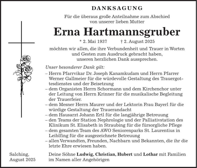 Traueranzeige Erna Hartmannsgruber