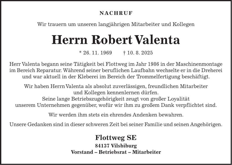 Traueranzeige Robert Valenta
