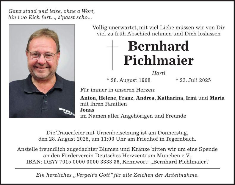 Traueranzeige Bernhard Pichlmaier