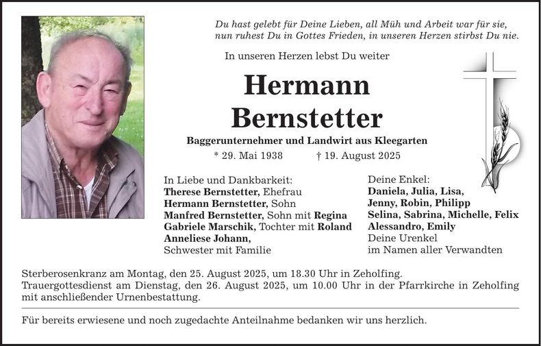 Traueranzeige Hermann Bernstetter