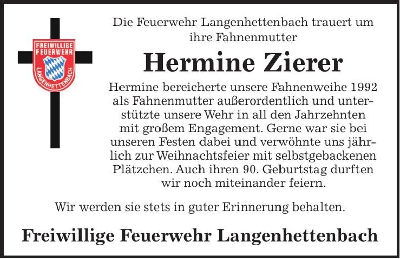 Traueranzeige Hermine Zierer