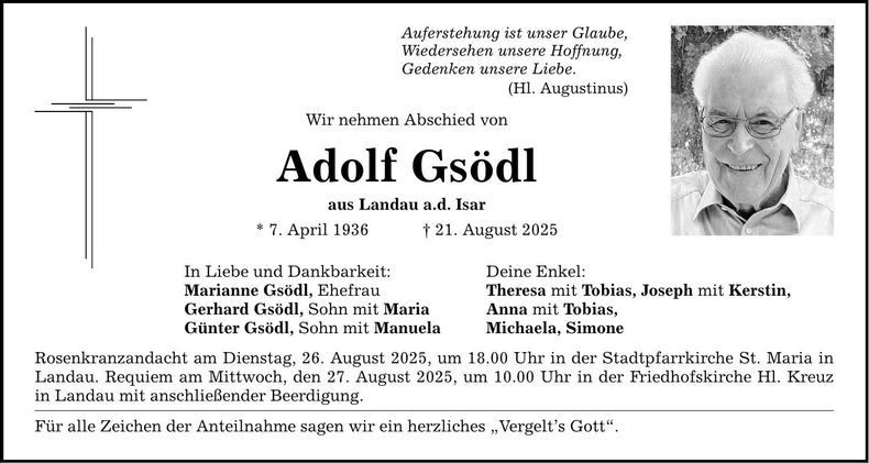 Traueranzeige Adolf Gsödl