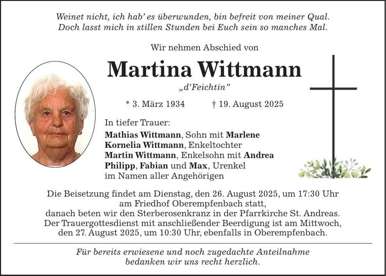 Traueranzeige Kornelia Wittmann