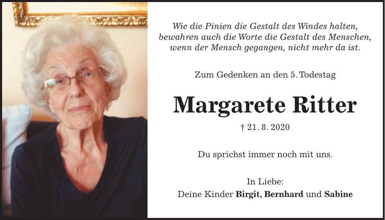 Traueranzeige Margarete Ritter