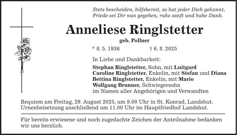 Traueranzeige Anneliese Ringlstetter