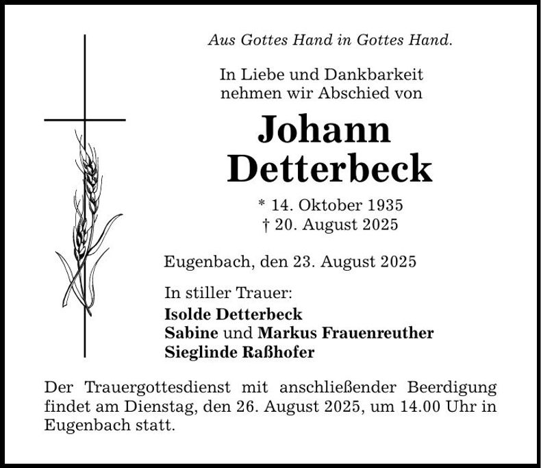 Traueranzeige Johann Detterbeck