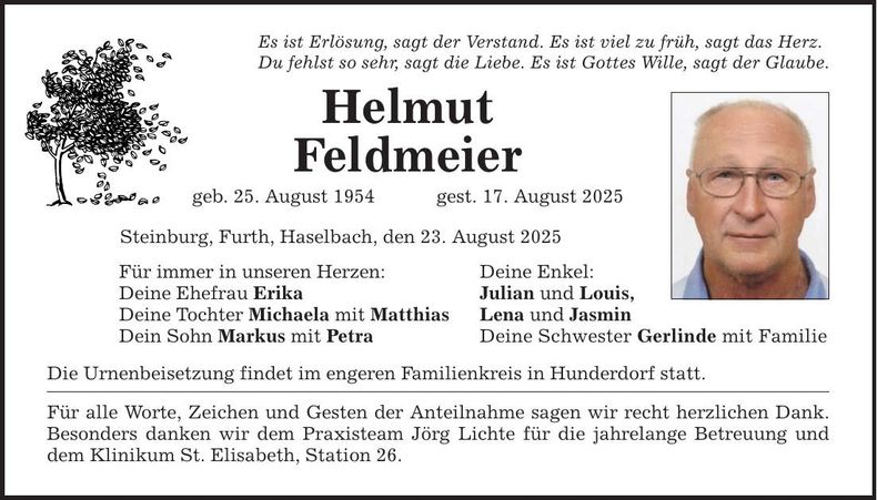Traueranzeige Helmut Feldmeier
