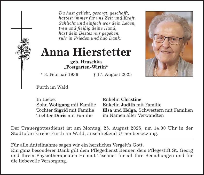 Traueranzeige Anna Hierstetter