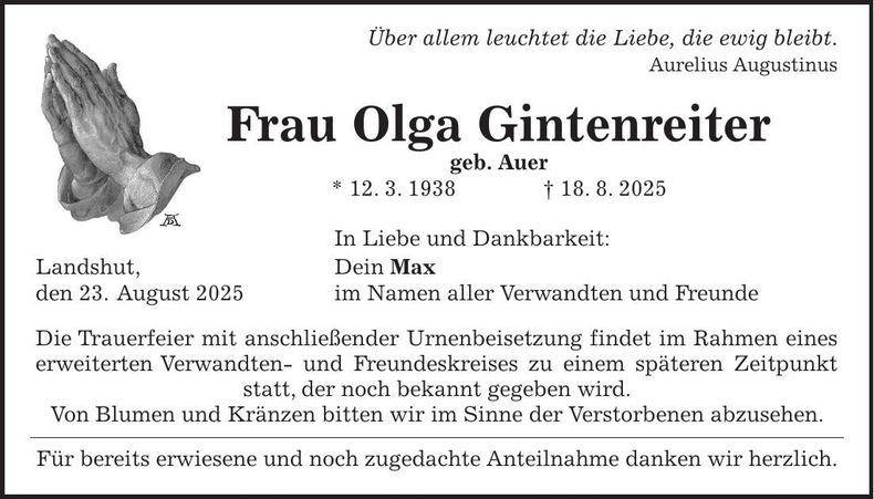 Traueranzeige Olga Gintenreiter