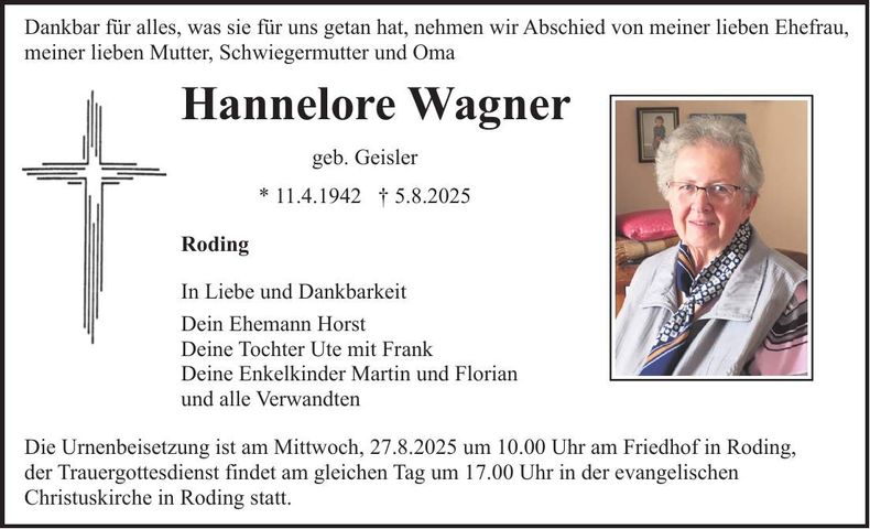 Traueranzeige Hannelore Wagner