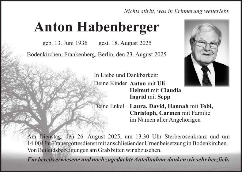 Traueranzeige Anton Habenberger