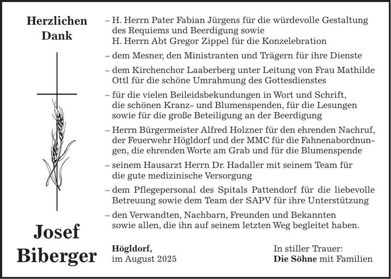 Traueranzeige Josef Biberger