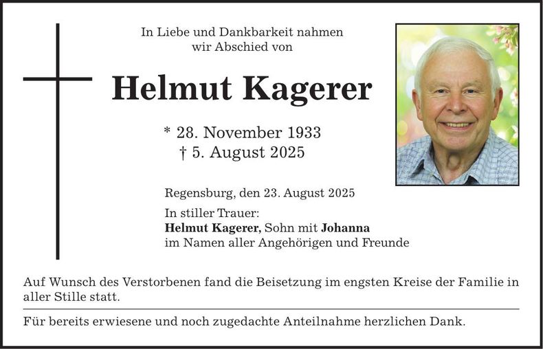 Traueranzeige Helmut Kagerer