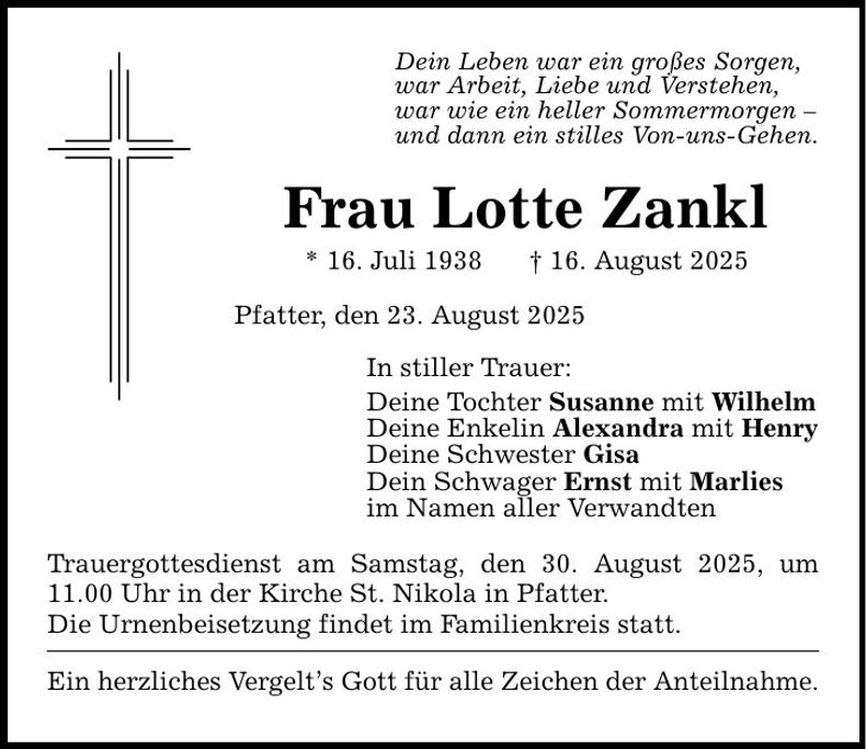 Traueranzeige Lotte Zankl
