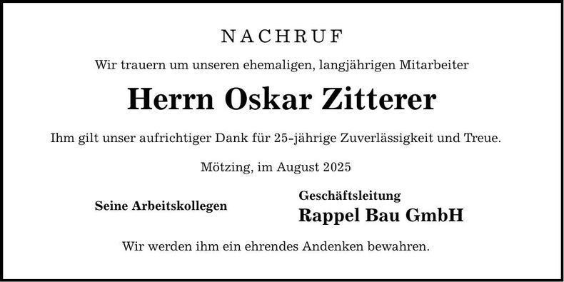 Traueranzeige Oskar Zitterer