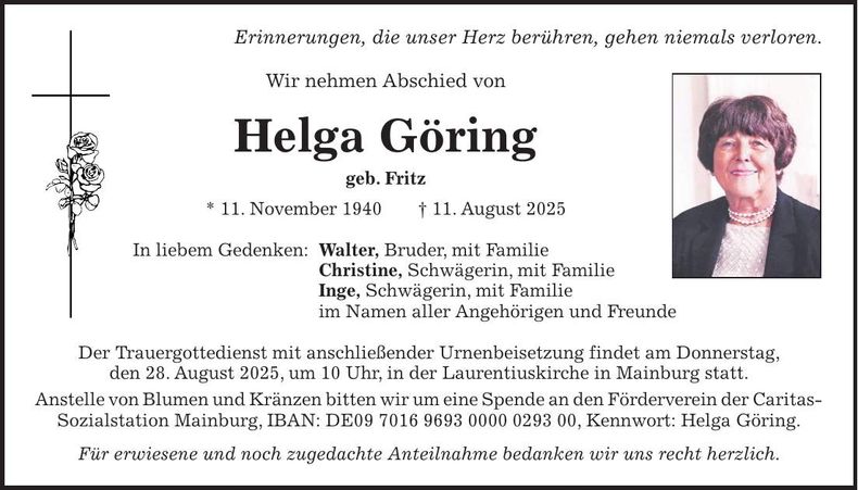 Traueranzeige Helga Göring