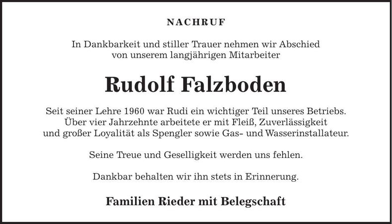 Traueranzeige Rudolf Falzboden