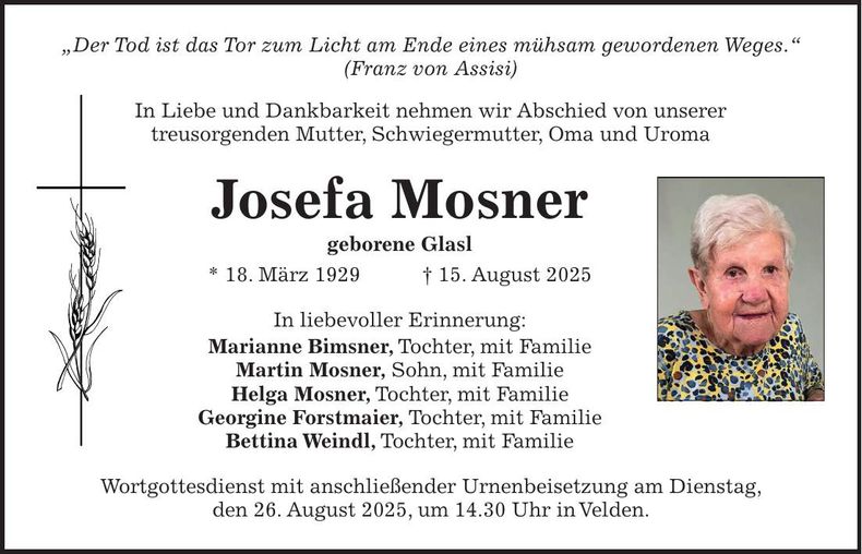 Traueranzeige Josefa Mosner