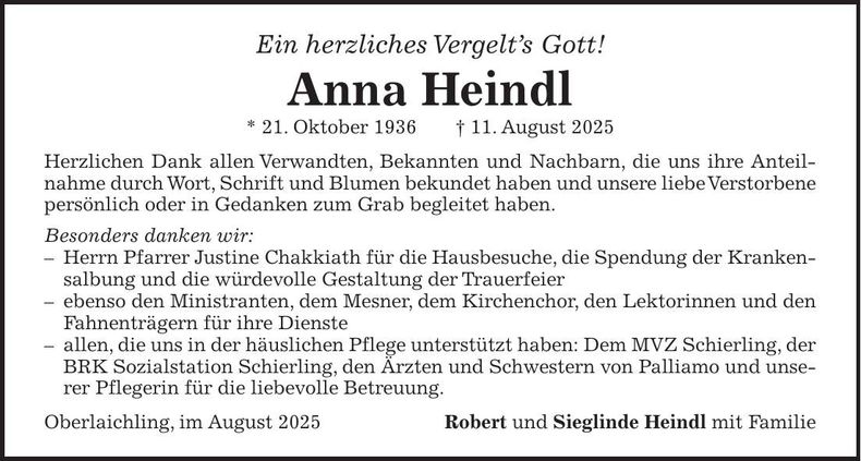 Traueranzeige Anna Heindl