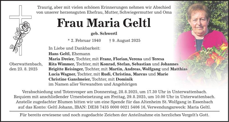 Traueranzeige Maria Geltl