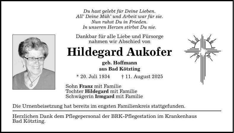 Traueranzeige Hildegard Aukofer
