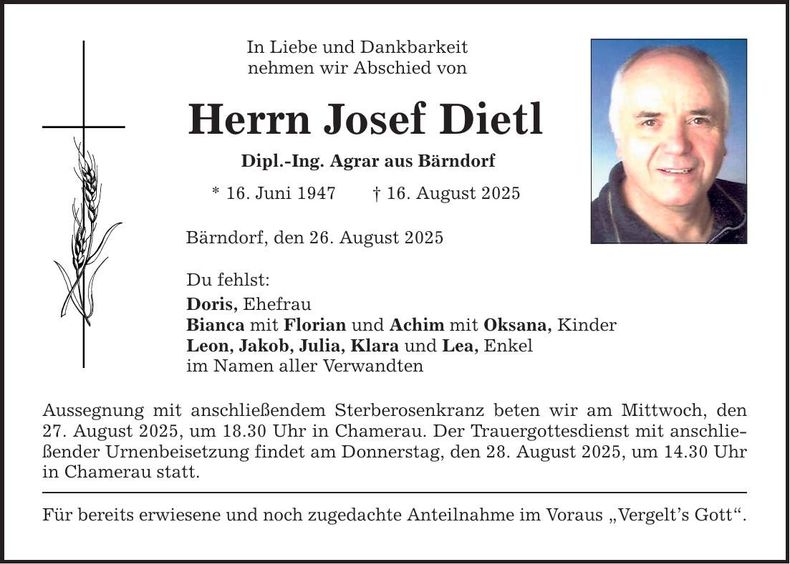 Traueranzeige Josef Dietl