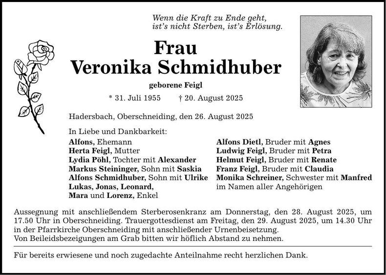 Traueranzeige Veronika Schmidhuber