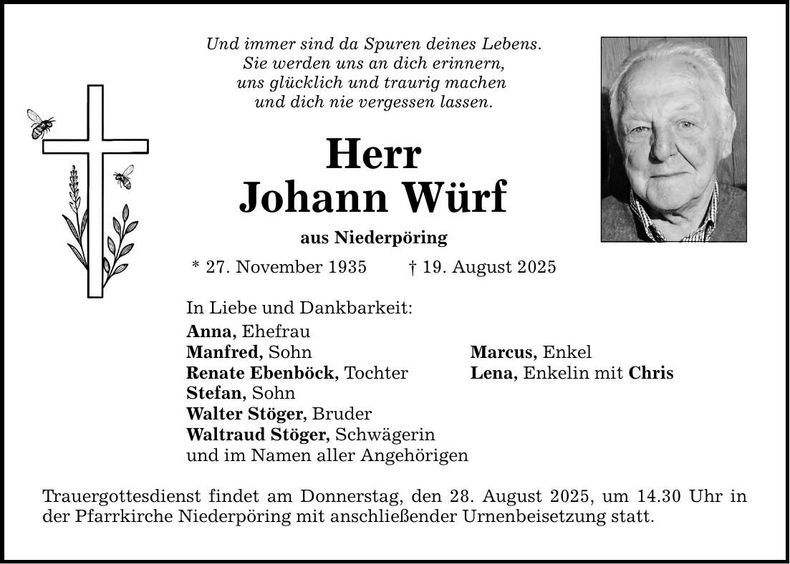 Traueranzeige Johann Würf