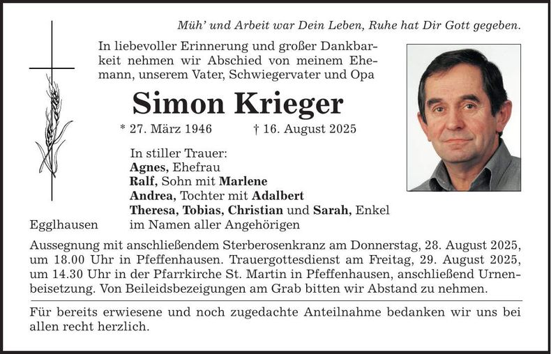 Traueranzeige Simon Krieger